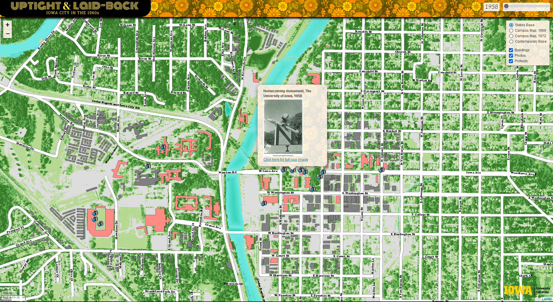 A web map application showing events in the history of the University of Iowa between 1958 and 1975.